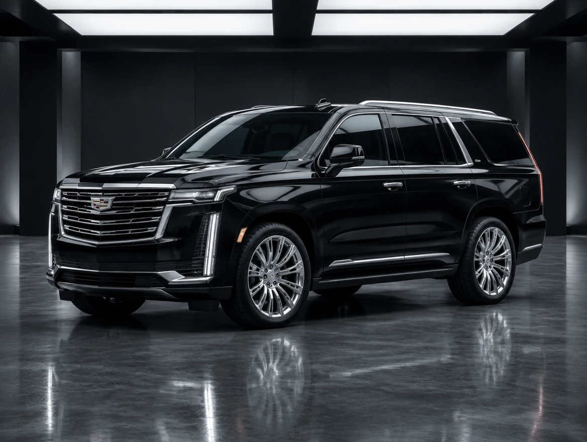 Illustrative Cadillac Escalade in a dark automotive studio