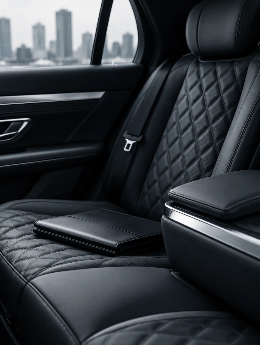 Illustrative quilted leather and brushed-metal executive vehicle interior