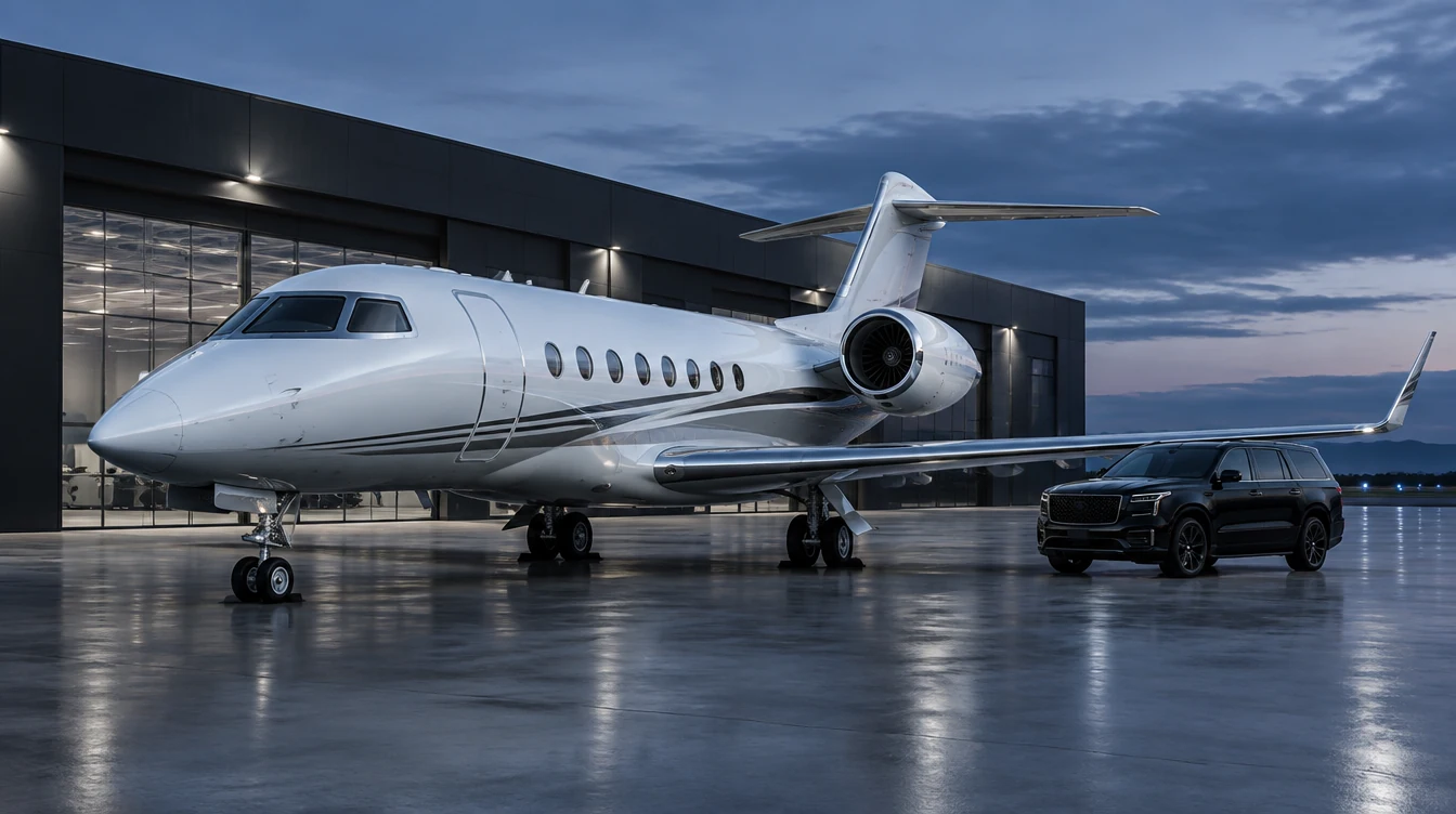 Illustrative private aircraft and chauffeur vehicle at an airport