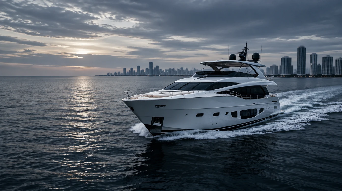 Illustrative motor yacht on coastal water
